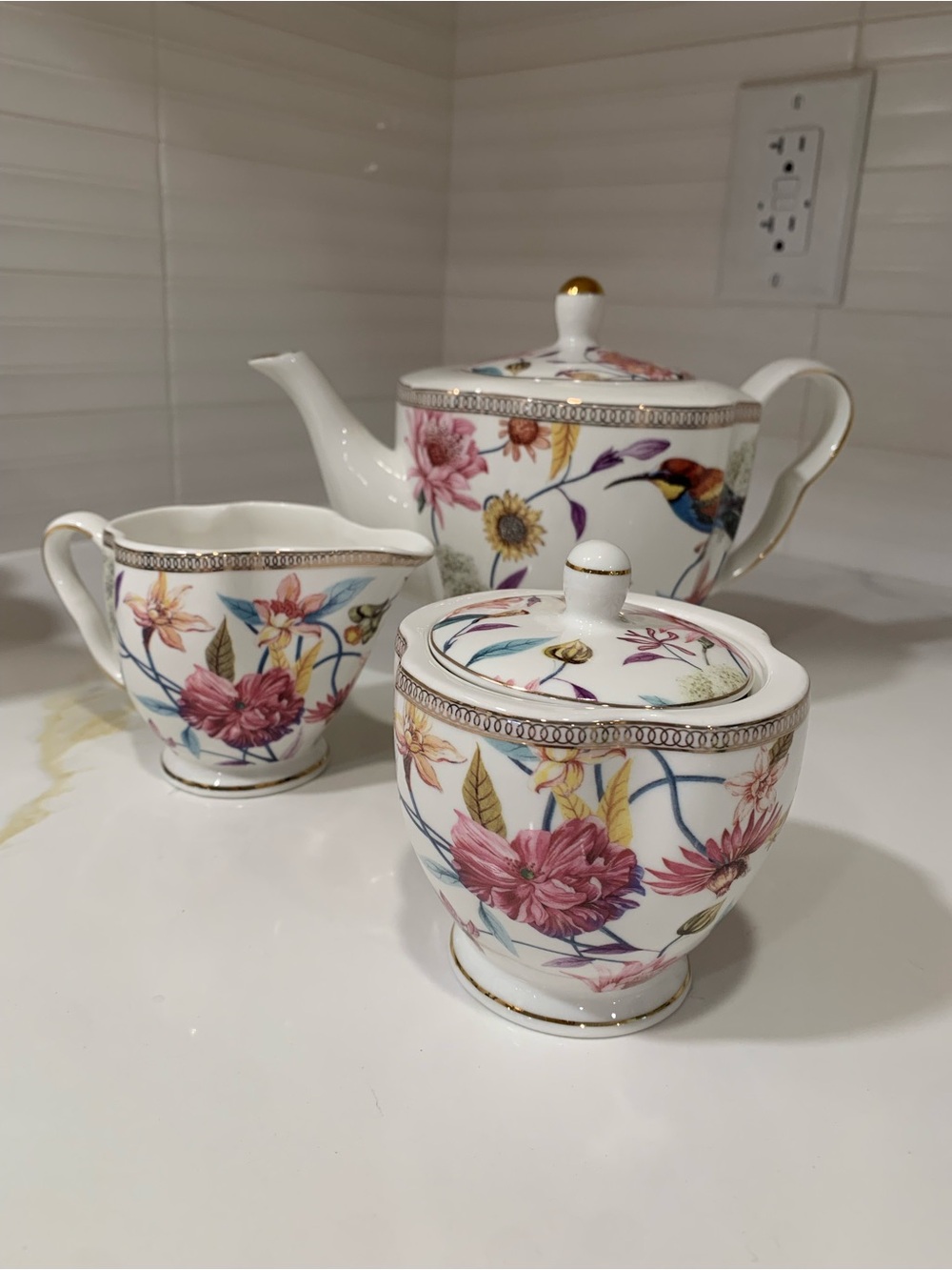 Grace Teaware Floral and Bird Fine Porcelain China Tea Serving Set
